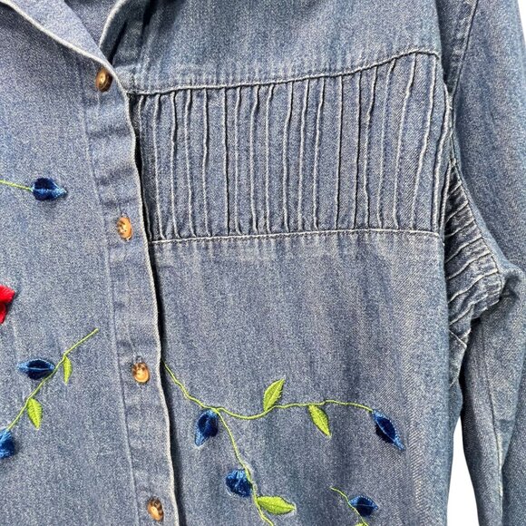 Vtg Bobbie Brooks Embroidered Denim Floral Shirt XL Floral Pintuck Blue Collar - Picture 5 of 16